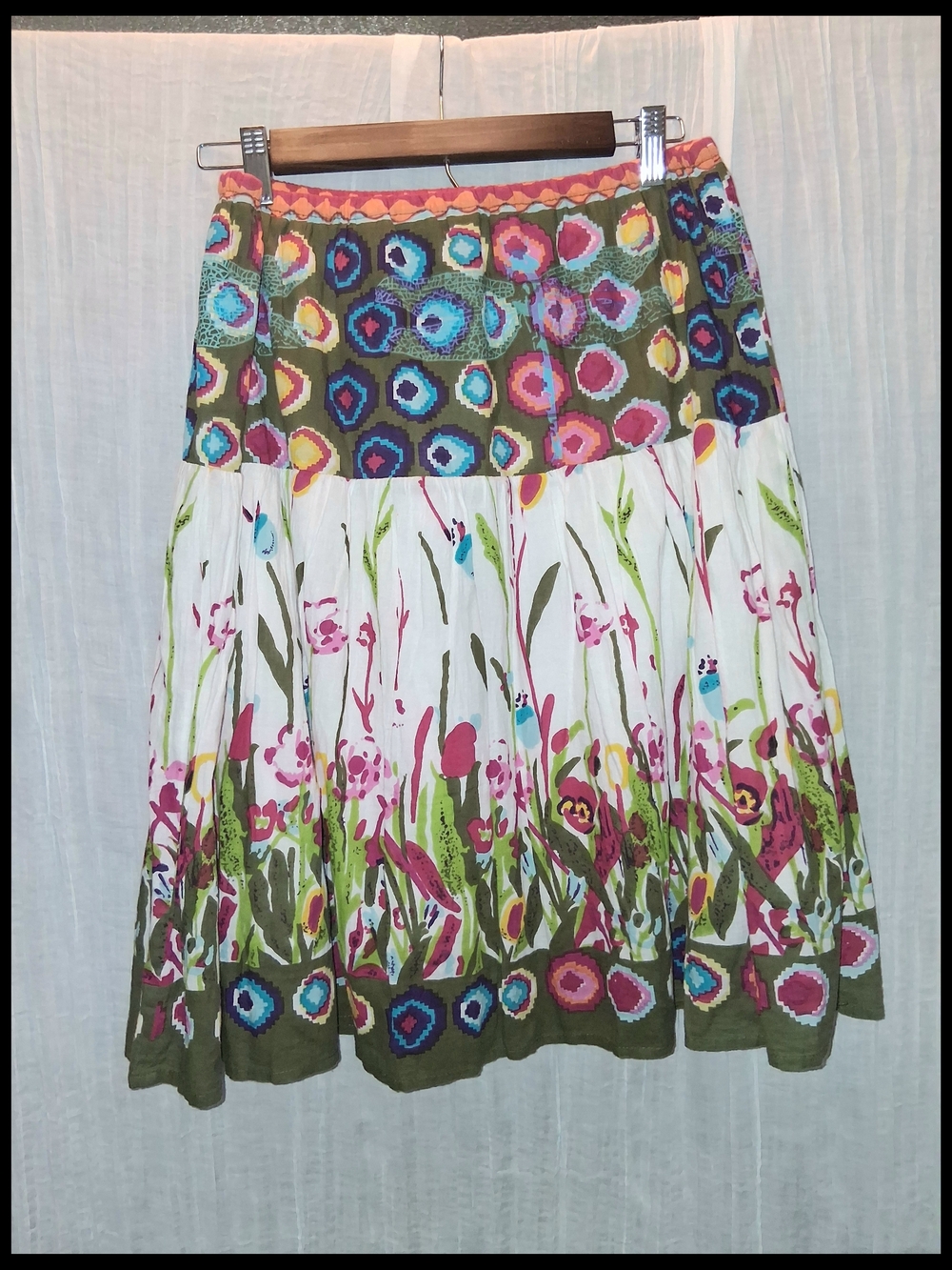 Floral Tiered A-Line Midi Skirt in White and Multicolor